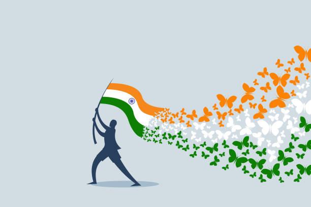 The Indian flag is held by a man, with butterflies fluttering around, embodying a spirit of celebration and patriotism.